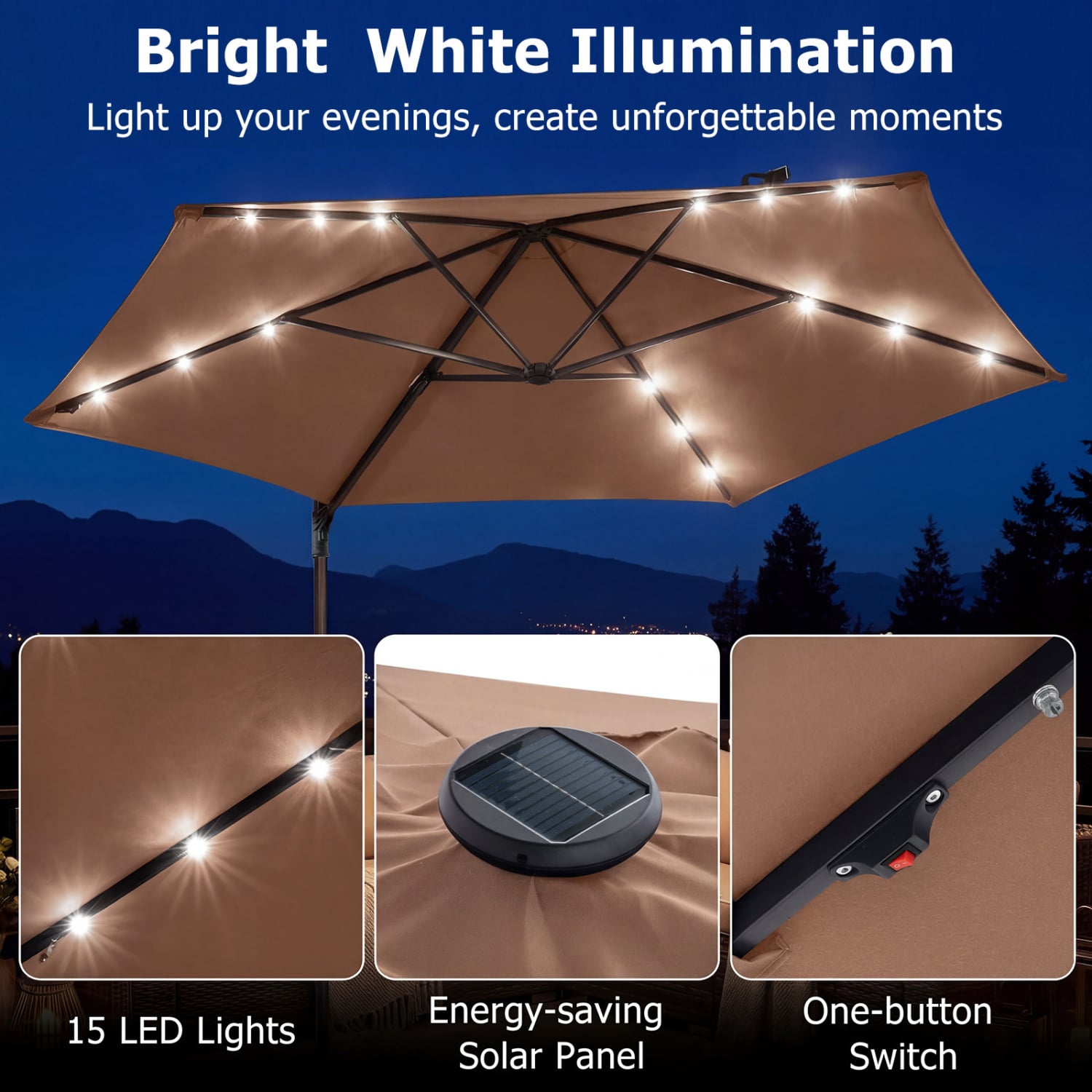 Parasol déporté inclinable de 3 m avec lumières LED solaires - Beige