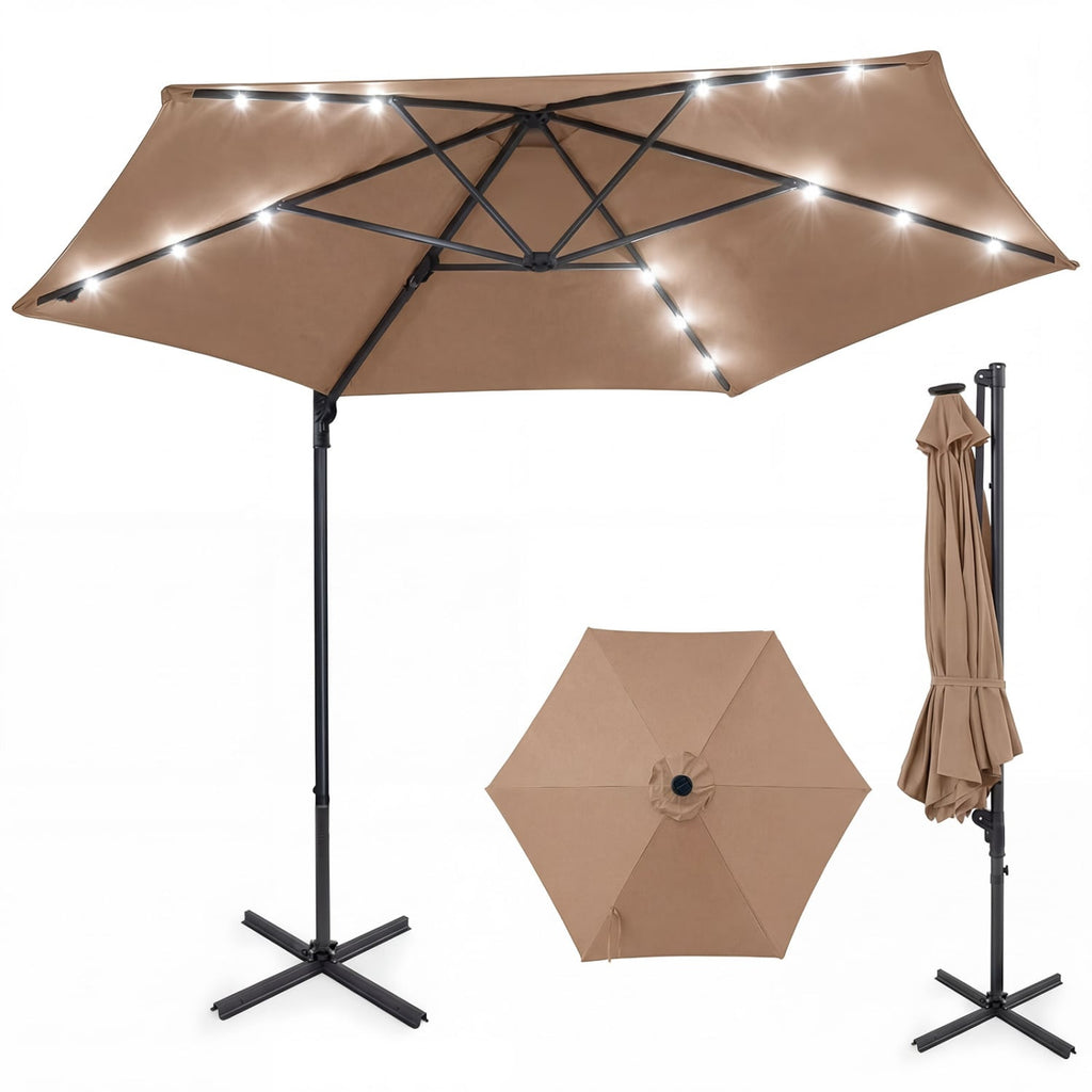 Parasol déporté inclinable de 3 m avec lumières LED solaires - Beige