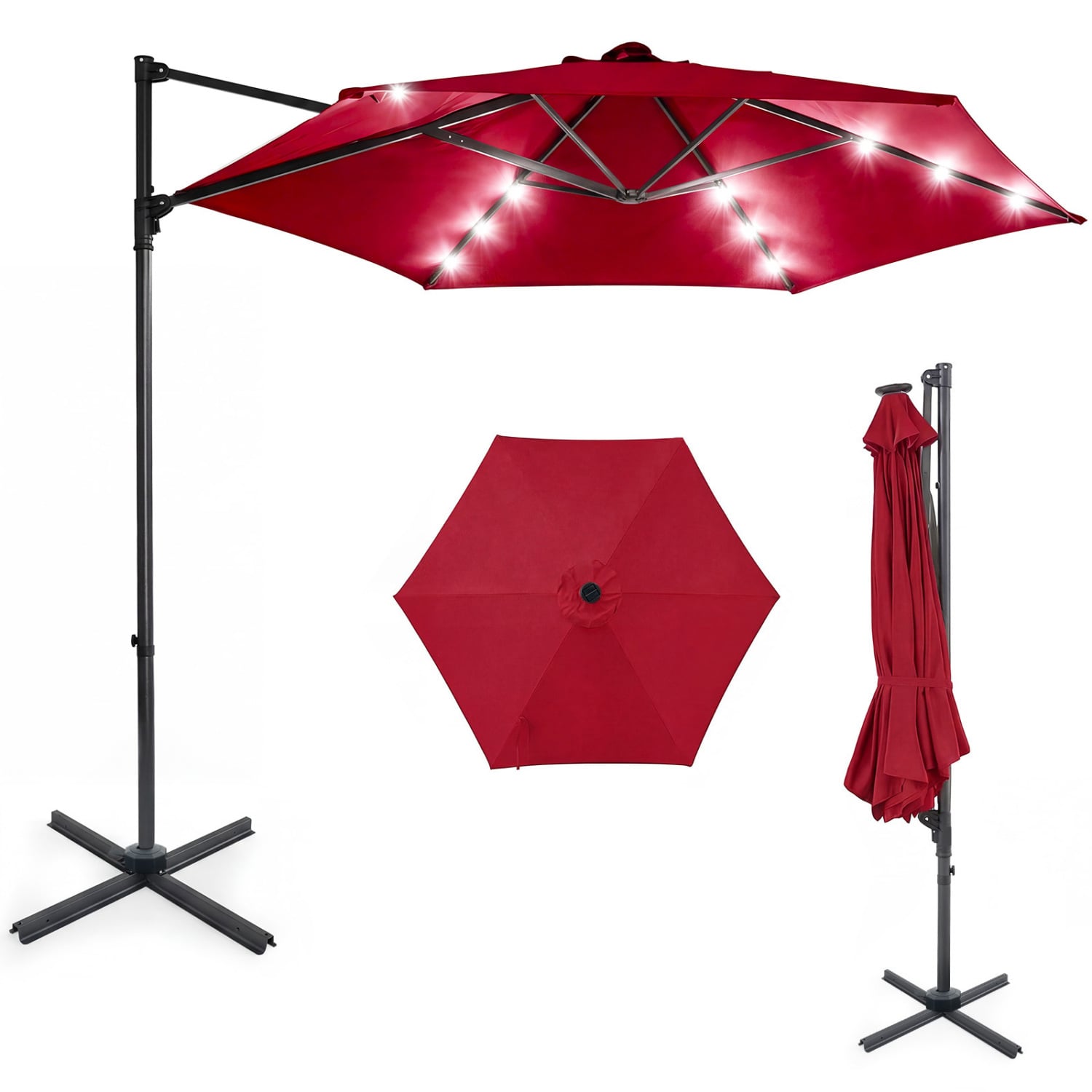 Parasol déporté de 3 m avec lampes solaires à LED - Rouge Bordeaux