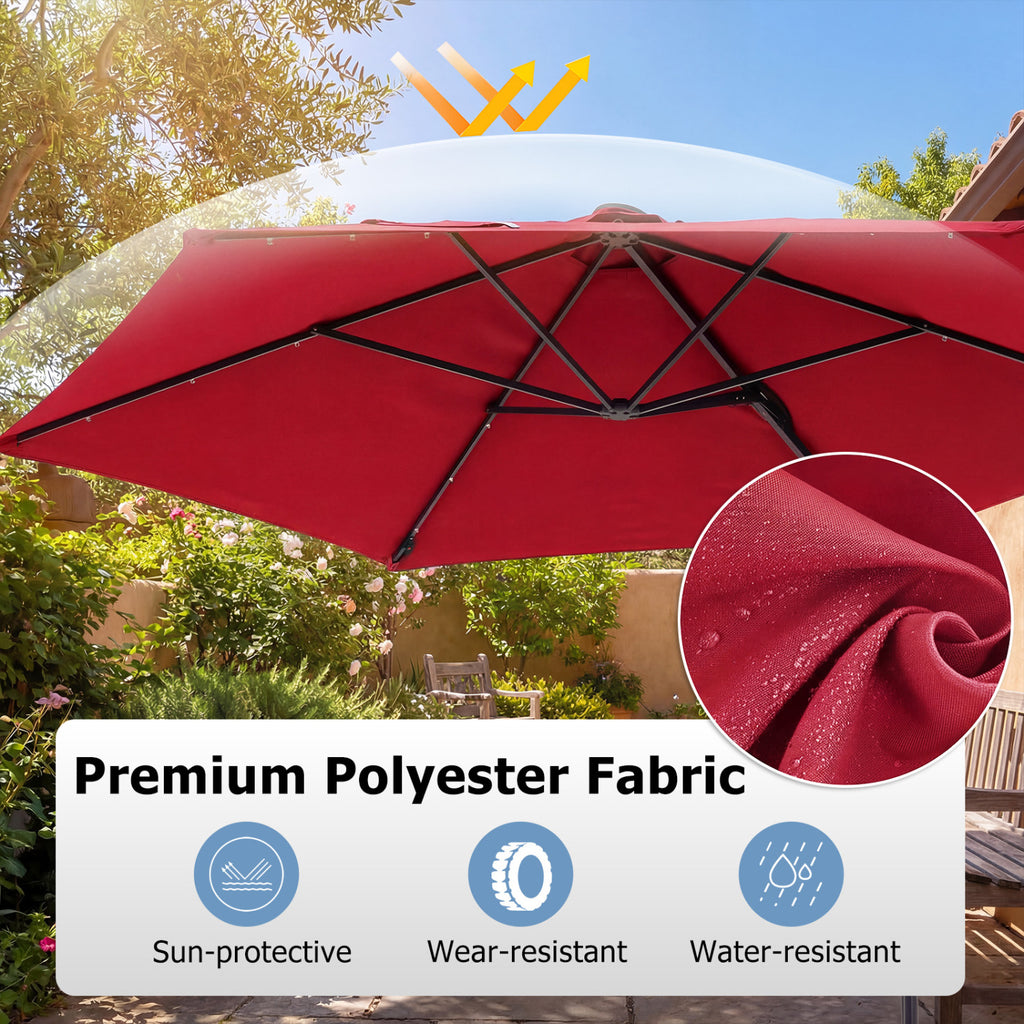Parasol déporté de 3 m avec lampes solaires à LED - Rouge Bordeaux