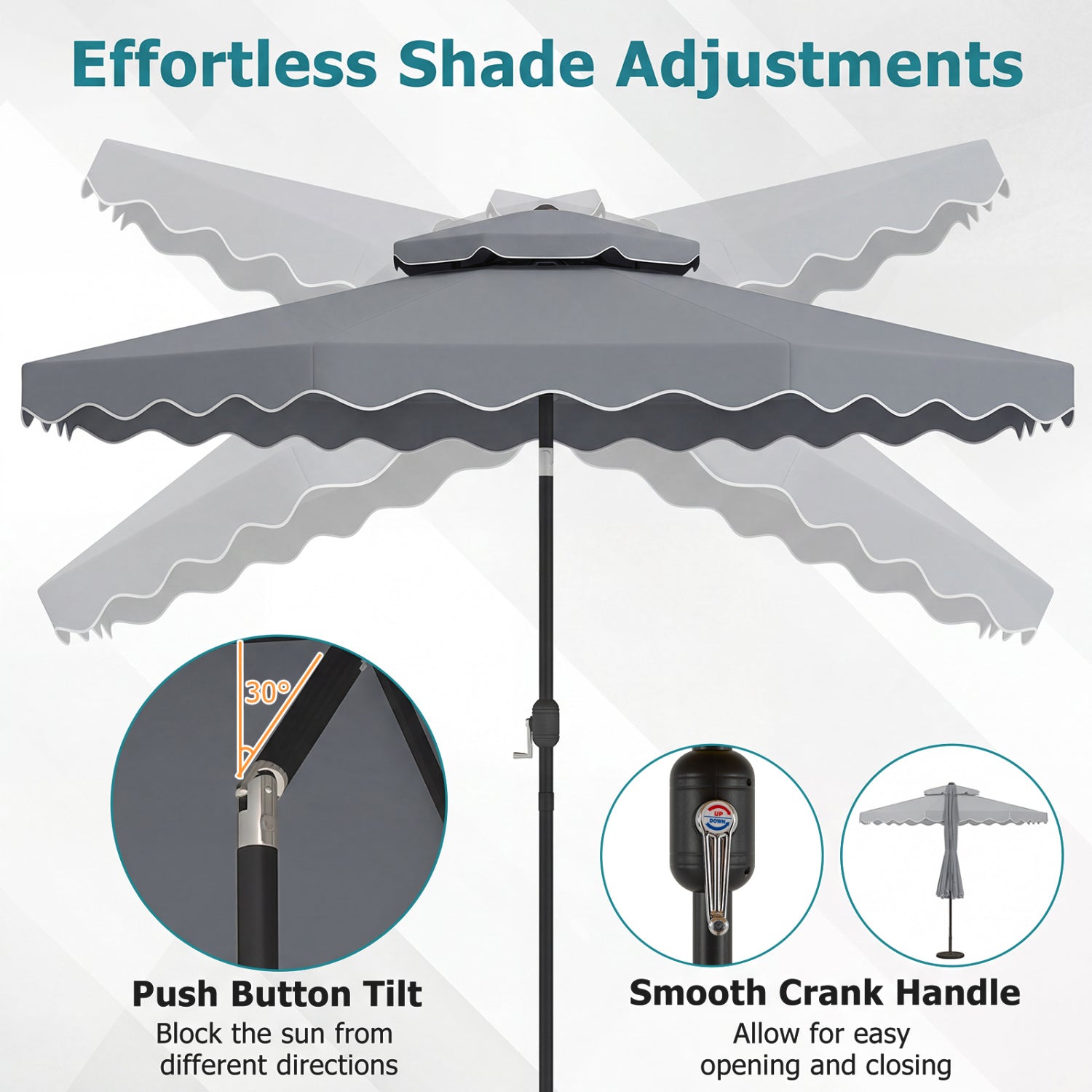 Parasol de terrasse de 3 m avec inclinaison par bouton poussoir et manivelle - Gris