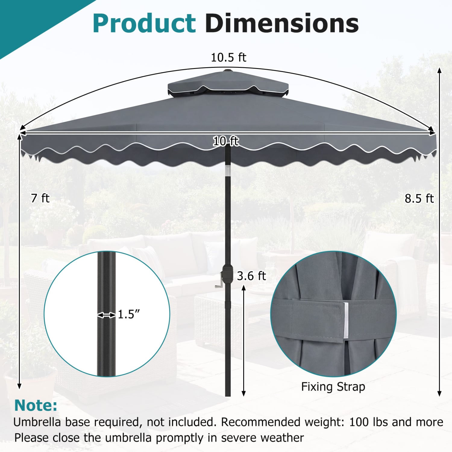 Parasol de terrasse de 3 m avec inclinaison par bouton poussoir et manivelle - Gris