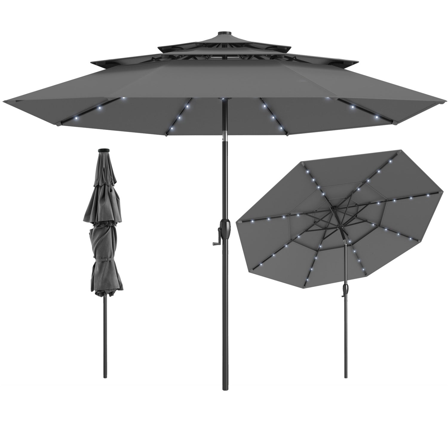 Parasol de patio solaire de 3 m avec 32 lumières LED, auvent ventilé à 3 niveaux - Gris