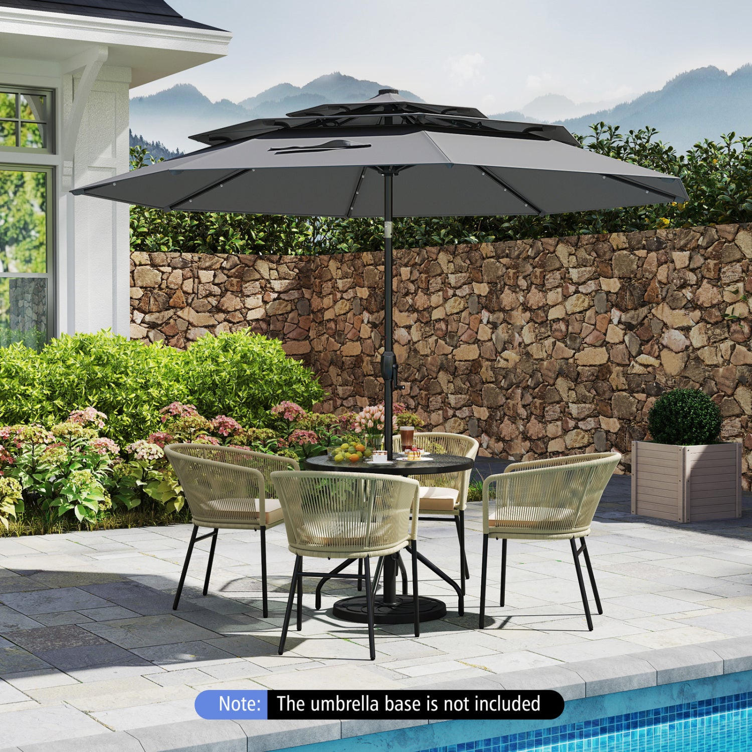 Parasol de patio solaire de 3 m avec 32 lumières LED, auvent ventilé à 3 niveaux - Gris