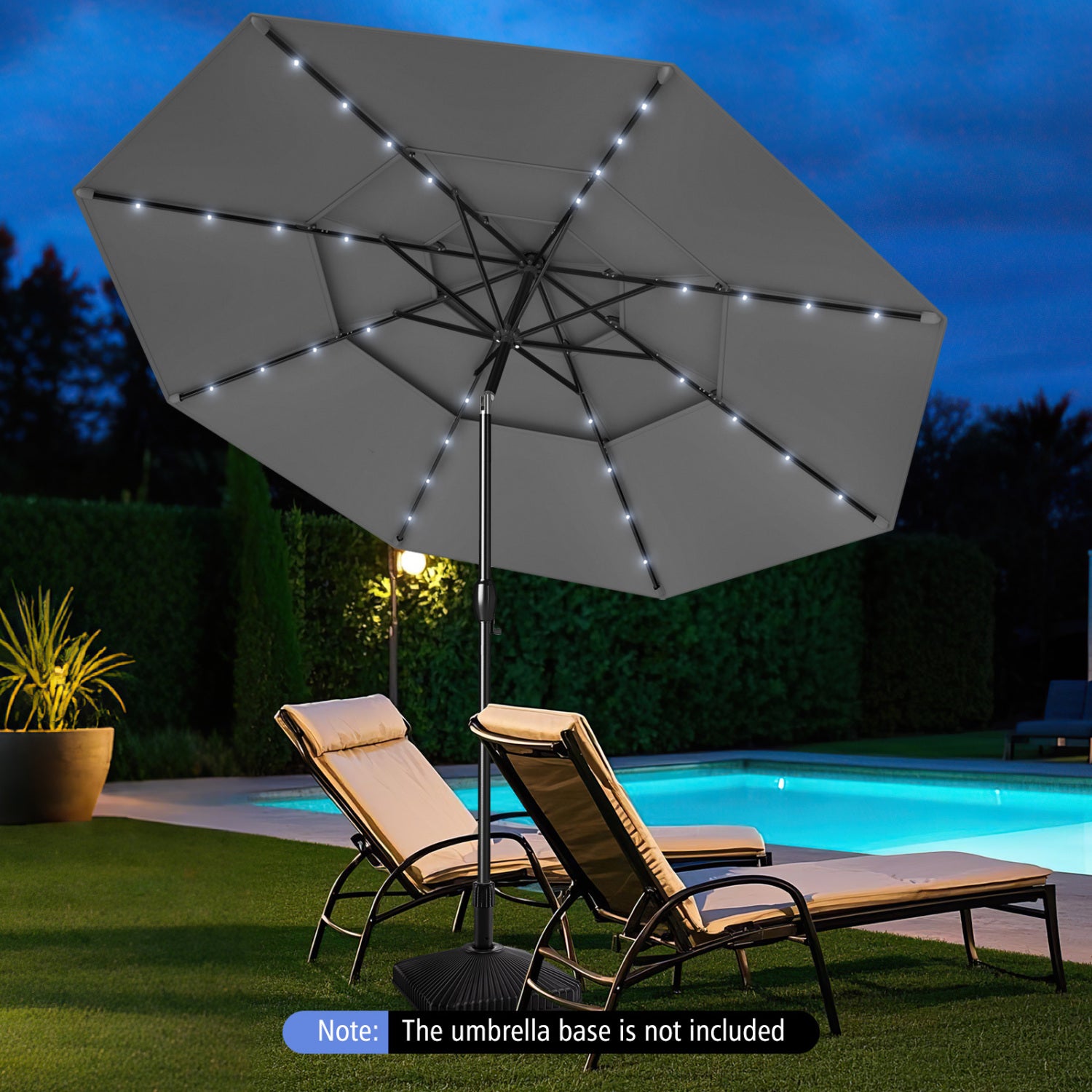 Parasol de patio solaire de 3 m avec 32 lumières LED, auvent ventilé à 3 niveaux - Gris