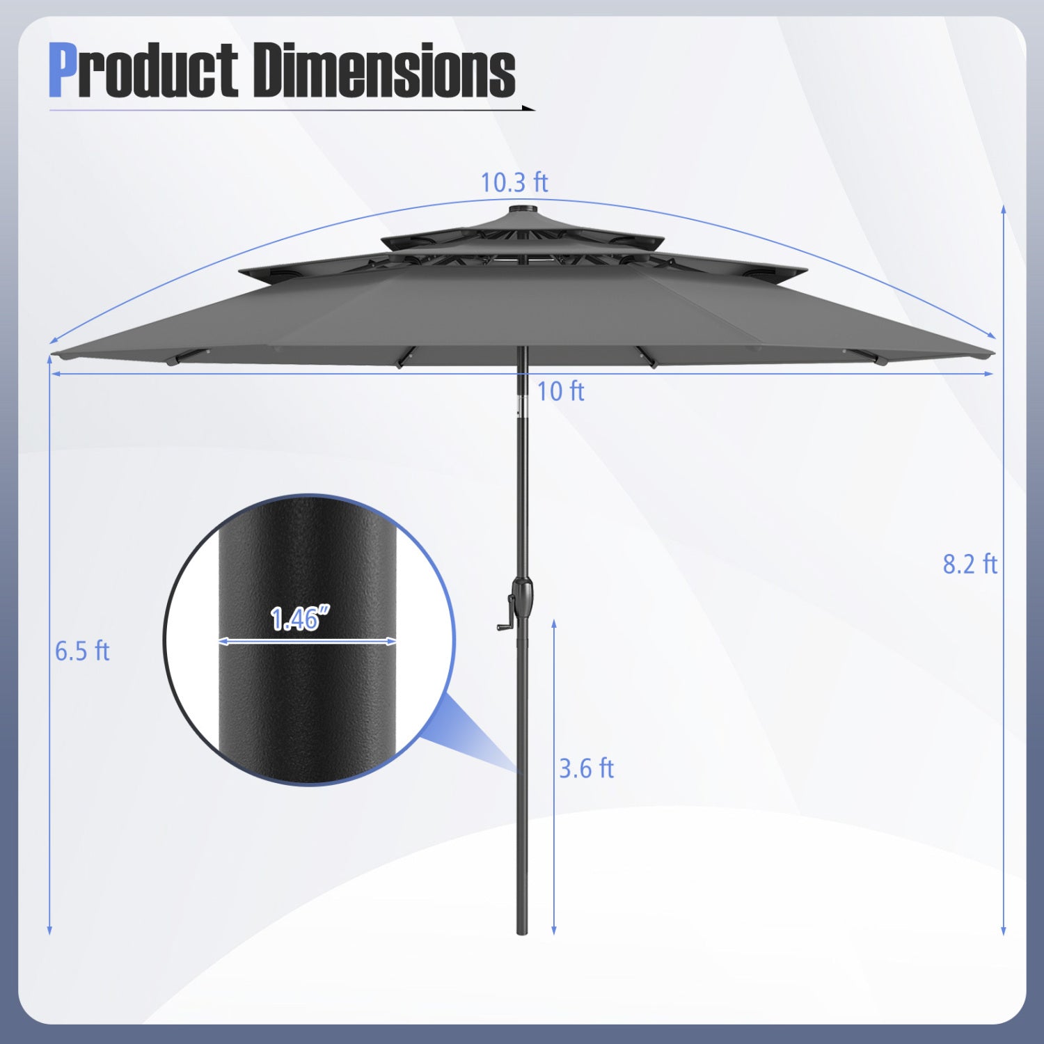Parasol de patio solaire de 3 m avec 32 lumières LED, auvent ventilé à 3 niveaux - Gris