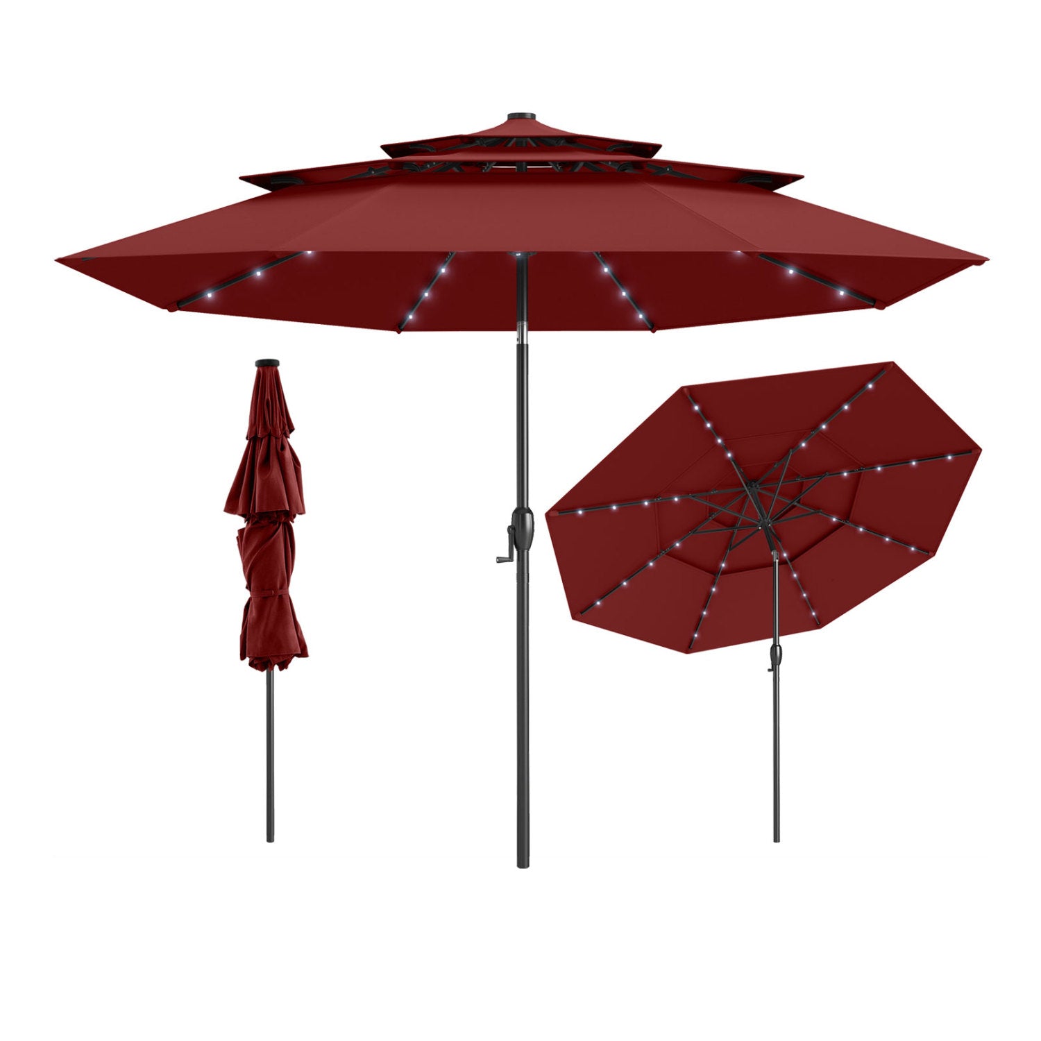 Parasol de terrasse solaire de 3 mètres avec 32 lumières LED et dessus ventilé à 3 niveaux - Bordeaux