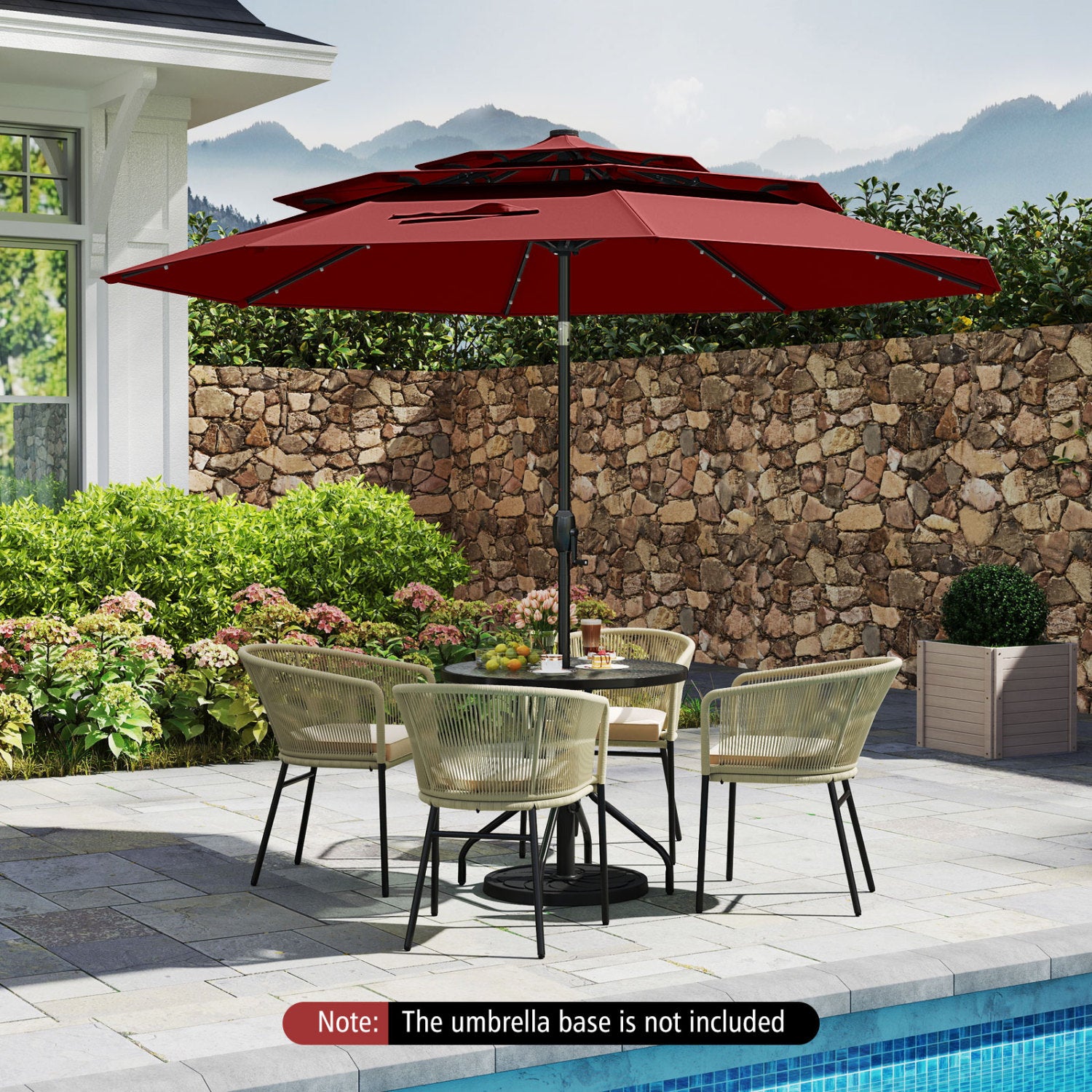 Parasol de terrasse solaire de 3 mètres avec 32 lumières LED et dessus ventilé à 3 niveaux - Bordeaux