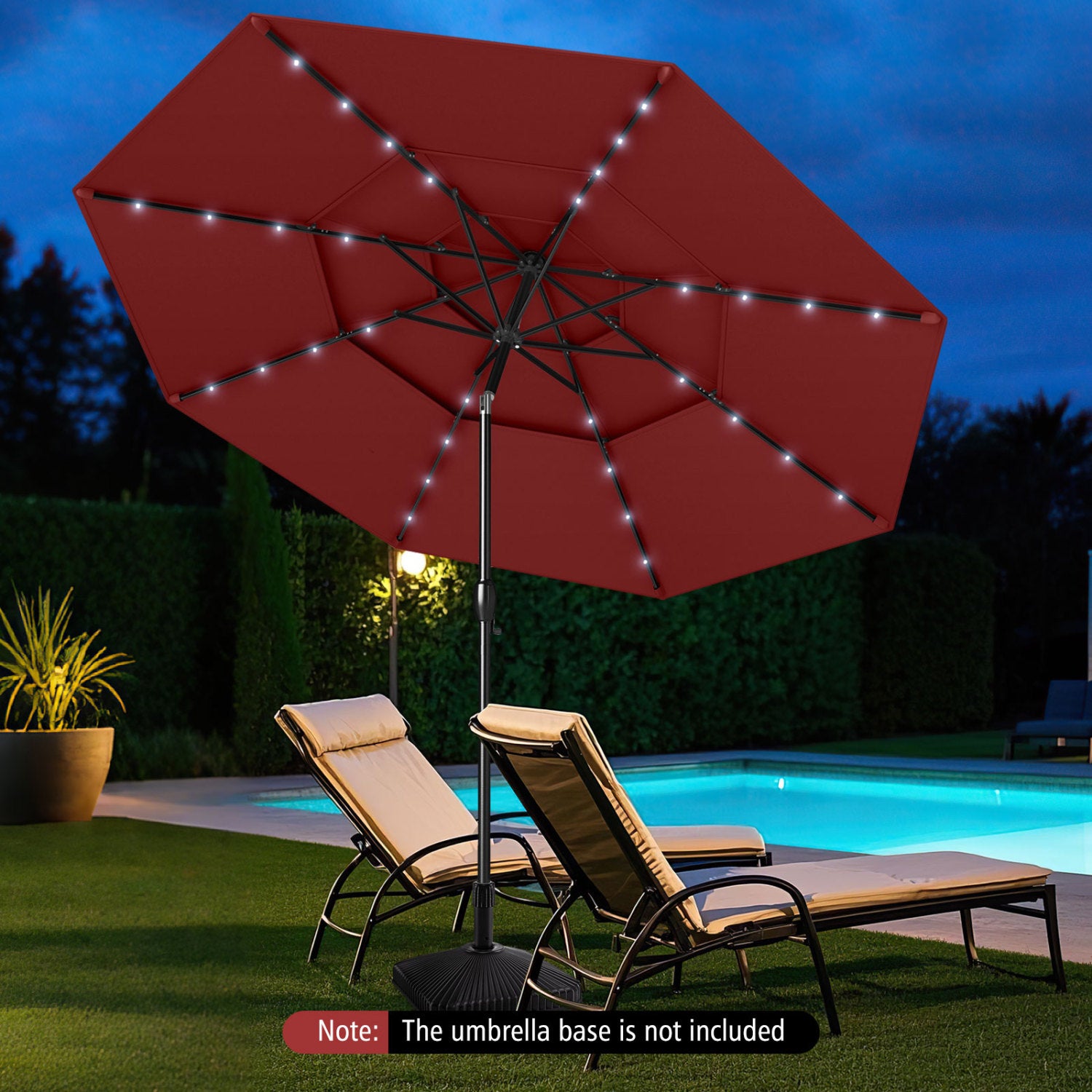 Parasol de terrasse solaire de 3 mètres avec 32 lumières LED et dessus ventilé à 3 niveaux - Bordeaux