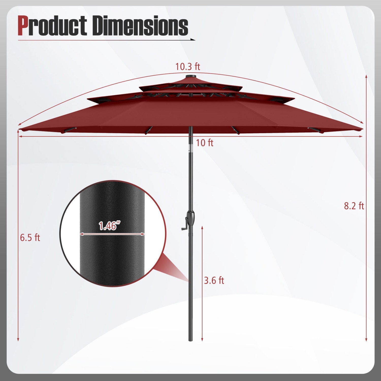 Parasol de terrasse solaire de 3 mètres avec 32 lumières LED et dessus ventilé à 3 niveaux - Bordeaux