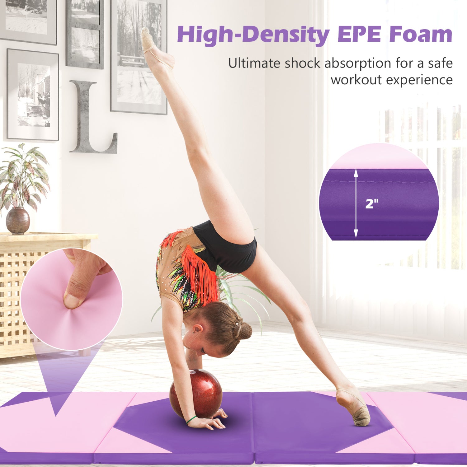 10 Feet x 4 Feet x 2 Inch Folding Exercise Mat with Hook and Loop Fasteners-Pink