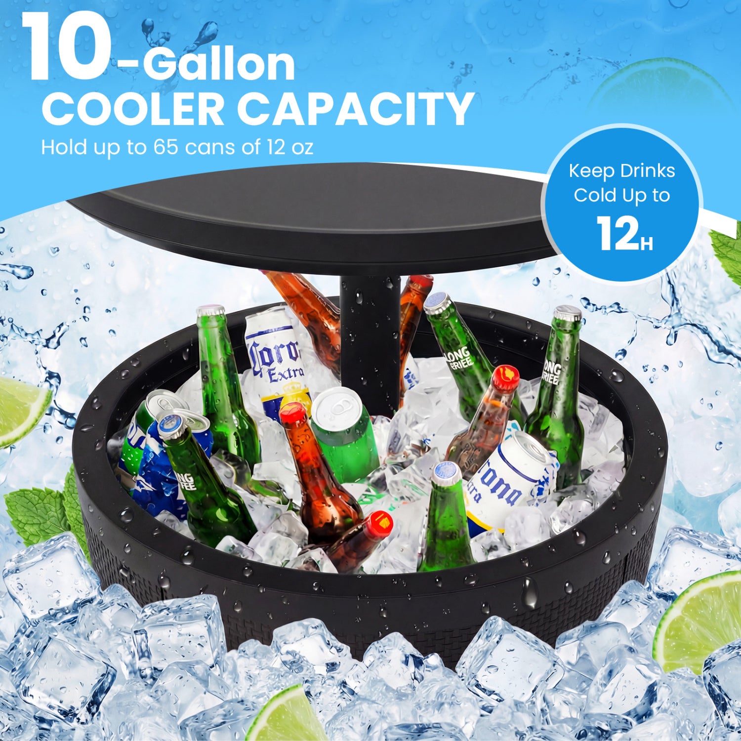 10 Gallon Beer and Wine Cooler with Lift-Top and Drainage Plug-Black