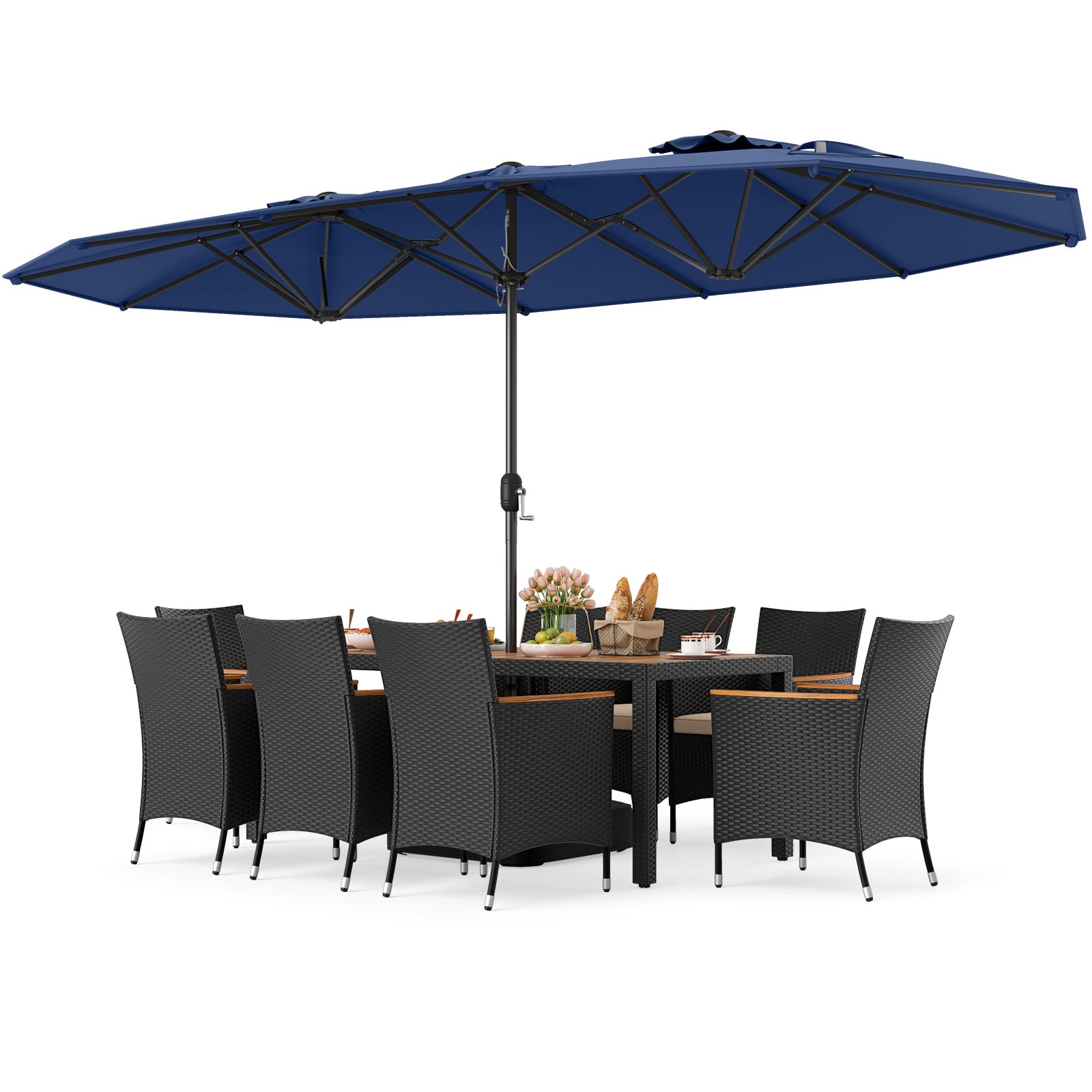10 Piece Outdoor Dining Set with 15 Feet Double-Sided Twin Umbrella-Navy - Navy - Patio Dining Sets