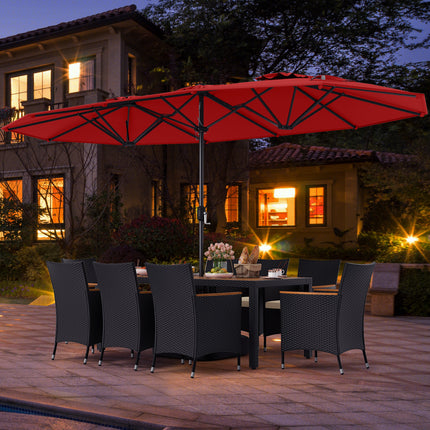 10 Piece Outdoor Dining Set with 15 Feet Double-Sided Twin Umbrella-Red