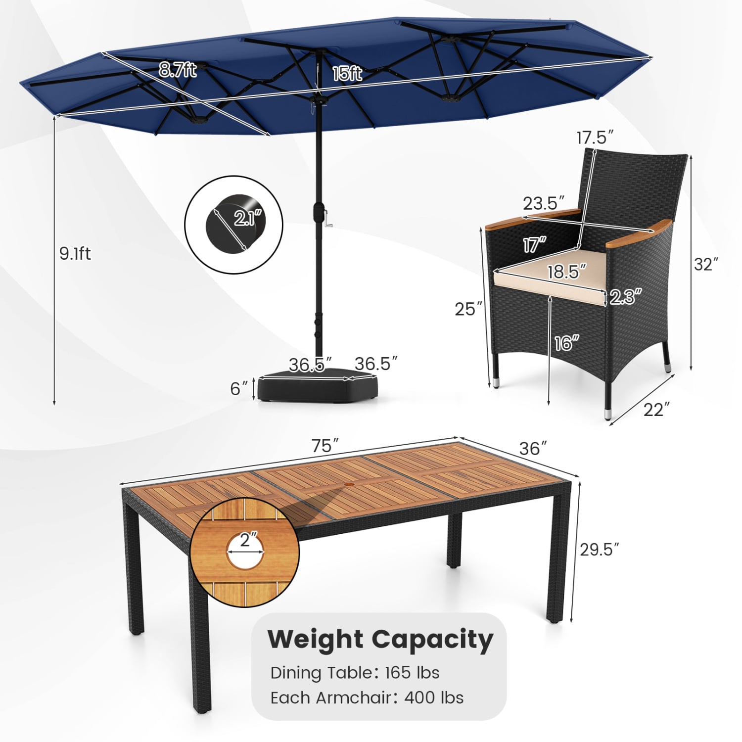 10 Piece Outdoor Dining Set with 15 Feet Double-Sided Twin Umbrella-Navy - Navy - Patio Dining Sets