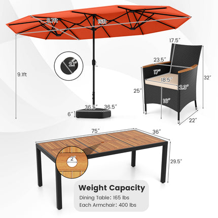 10 Piece Outdoor Dining Set with 15 Feet Double-Sided Twin Umbrella-Orange