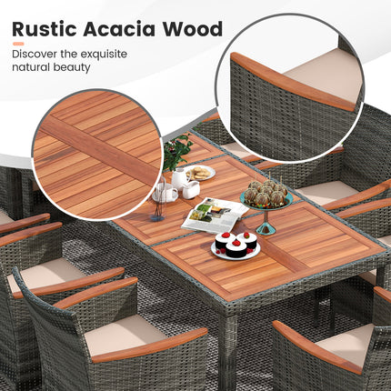 10 Pieces Patio Wicker Dining Set with 15 Feet Double-Sided Patio Umbrella-Gray
