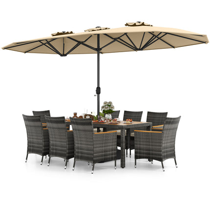 10 Pieces Patio Wicker Dining Set with 15 Feet Double-Sided Patio Umbrella-Beige