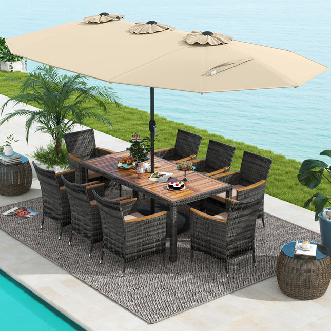10 Pieces Patio Wicker Dining Set with 15 Feet Double-Sided Patio Umbrella-Beige