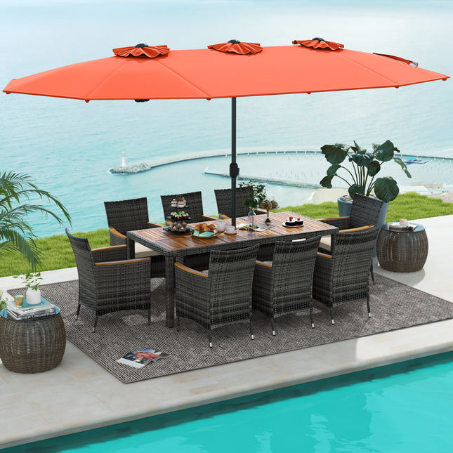 10 Pieces Patio Wicker Dining Set with 15 Feet Double-Sided Patio Umbrella-Orange