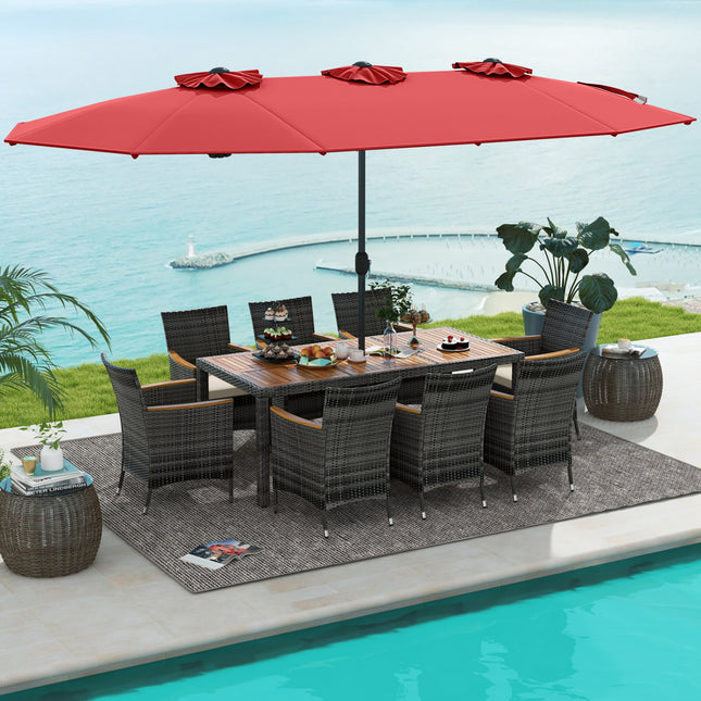 10 Pieces Patio Wicker Dining Set with 15 Feet Double-Sided Patio Umbrella-Red