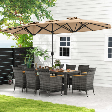 10 Pieces Patio Wicker Dining Set with 15 Feet Double-Sided Patio Umbrella-Brown