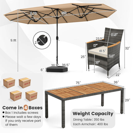 10 Pieces Patio Wicker Dining Set with 15 Feet Double-Sided Patio Umbrella-Brown