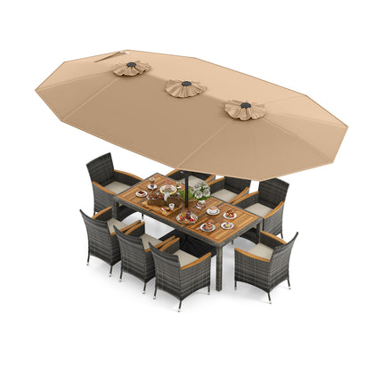 10 Pieces Patio Wicker Dining Set with 15 Feet Double-Sided Patio Umbrella-Brown