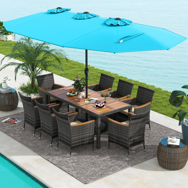 10 Pieces Patio Wicker Dining Set with 15 Feet Double-Sided Patio Umbrella-Turquoise