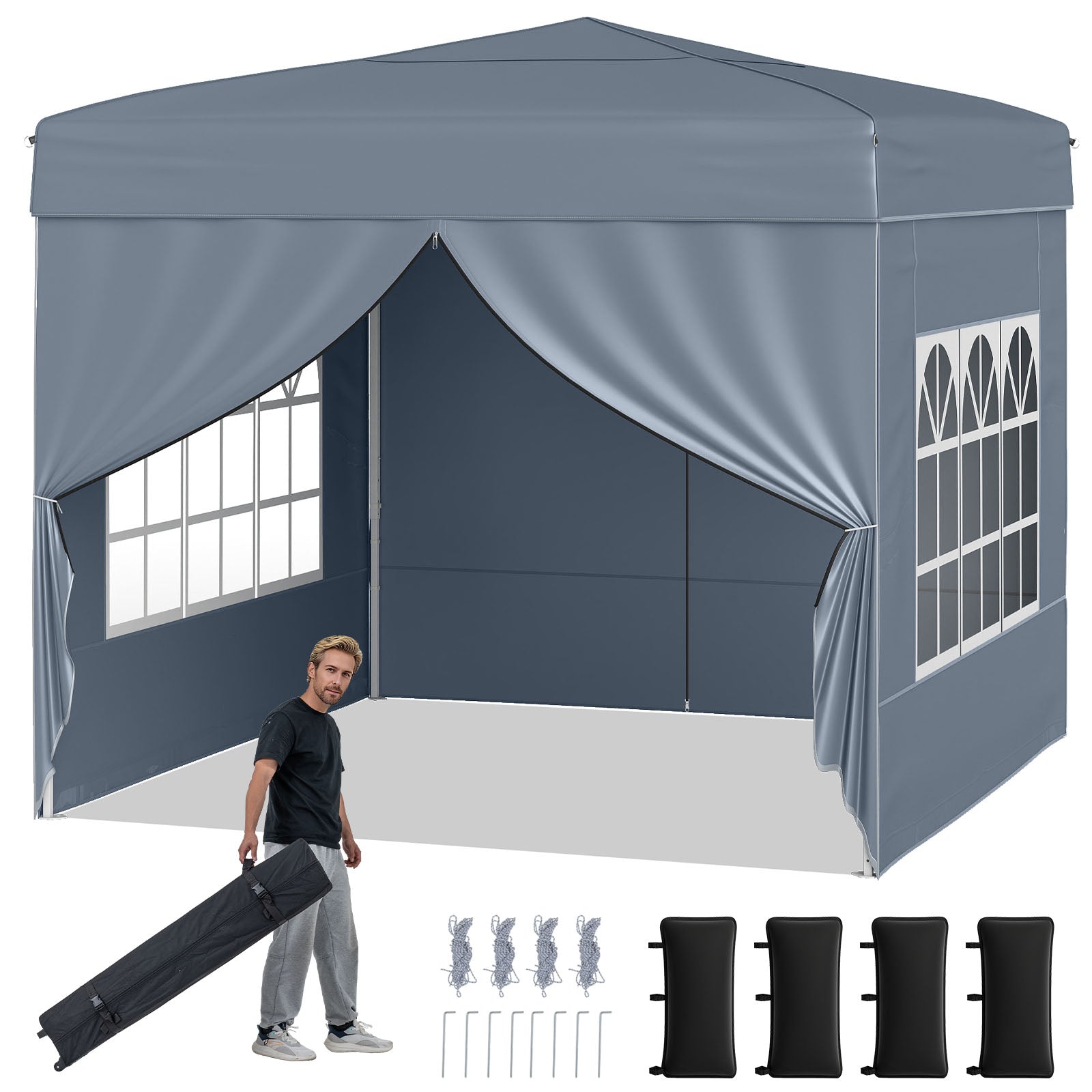 10 X 10 FT Pop up Canopy Tent Outdoor Patio Commercial Sunshade Shelter with 4 Sidewalls-Gray