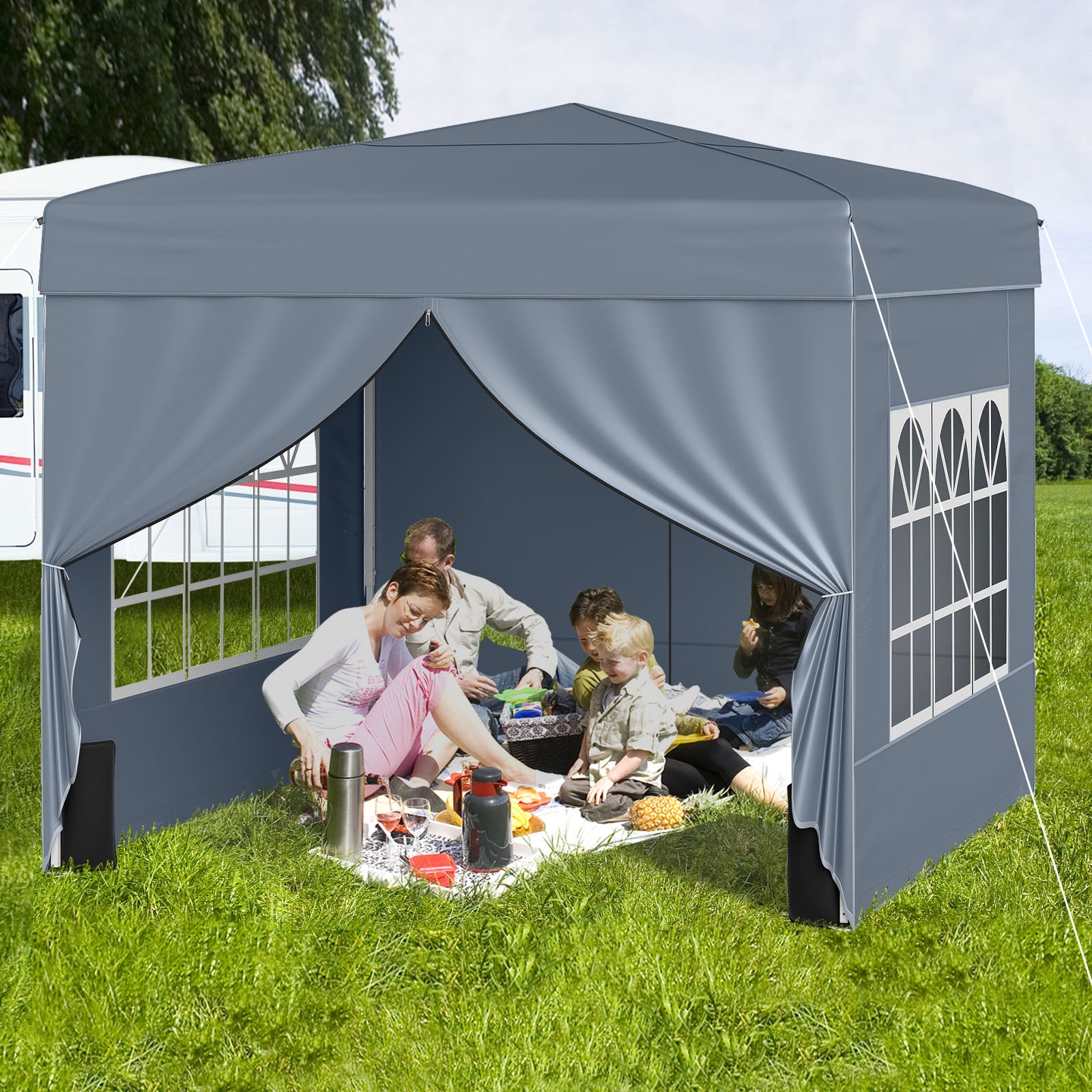 10 X 10 FT Pop up Canopy Tent Outdoor Patio Commercial Sunshade Shelter with 4 Sidewalls-Gray