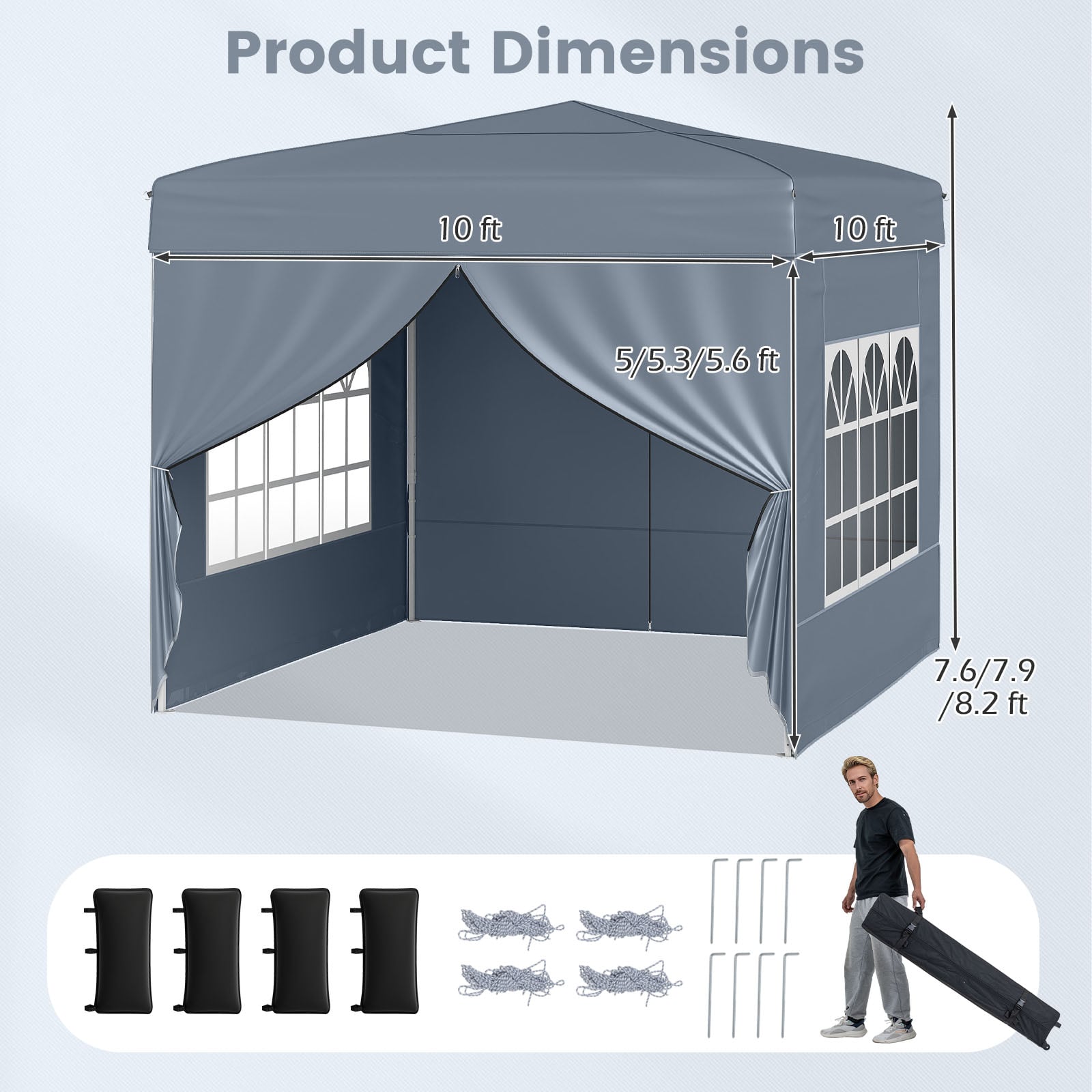 10 X 10 FT Pop up Canopy Tent Outdoor Patio Commercial Sunshade Shelter with 4 Sidewalls-Gray