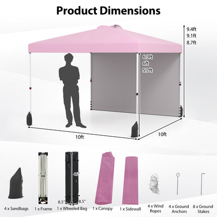 10 X 10 FT Pop up Canopy Tent with 1 Sidewall and Wheeled Bag-Pink