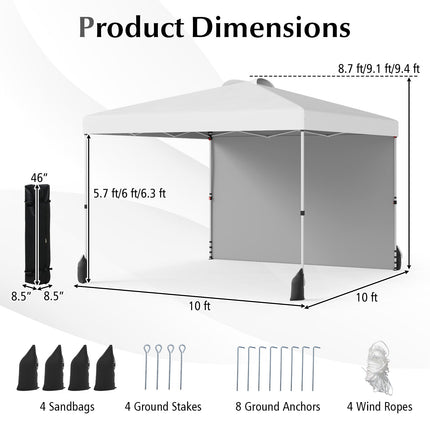 10 X 10 FT Pop up Canopy Tent with 1 Sidewall and Wheeled Bag-White