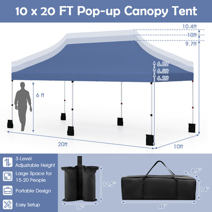 10 X 20 FT Pop up Canopy Tent Foldable Portable Outdoor Gazebo with Carry Bag-Blue