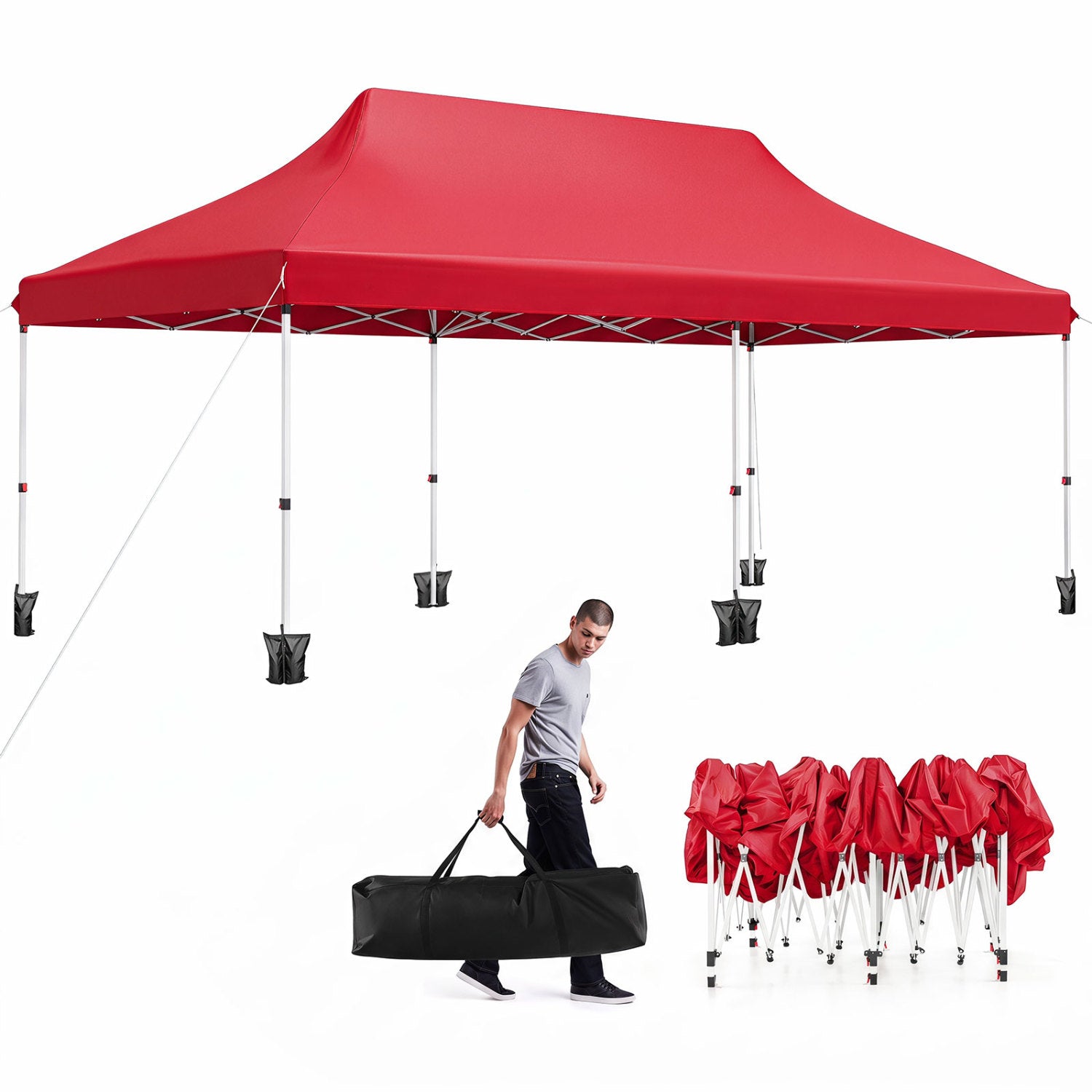 10 X 20 FT Pop up Canopy Tent Foldable Portable Outdoor Gazebo with Carry Bag-Red
