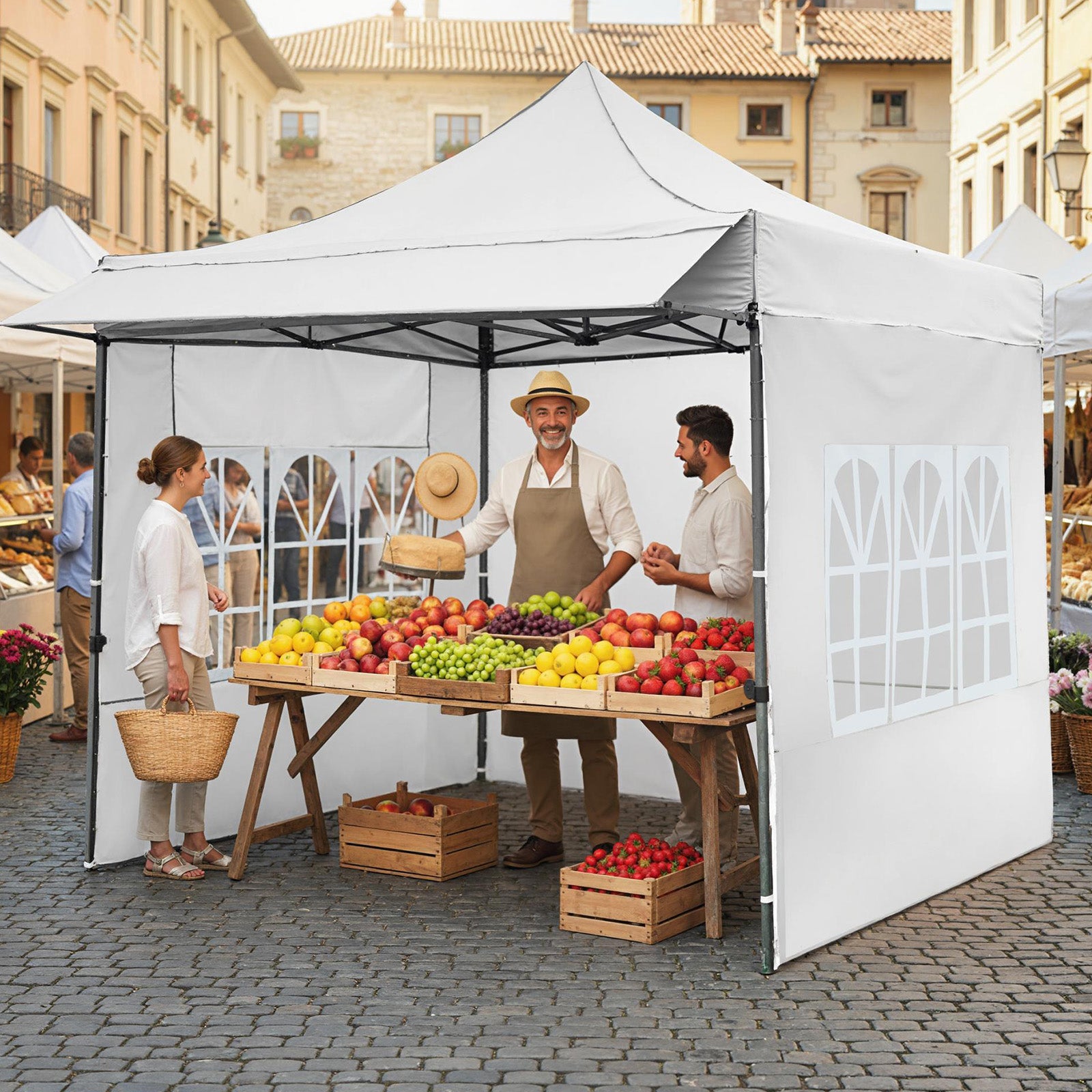 10 x 10 FT Pop up Canopy Tent with Sidewalls and Awning for Party Picnic Event-White