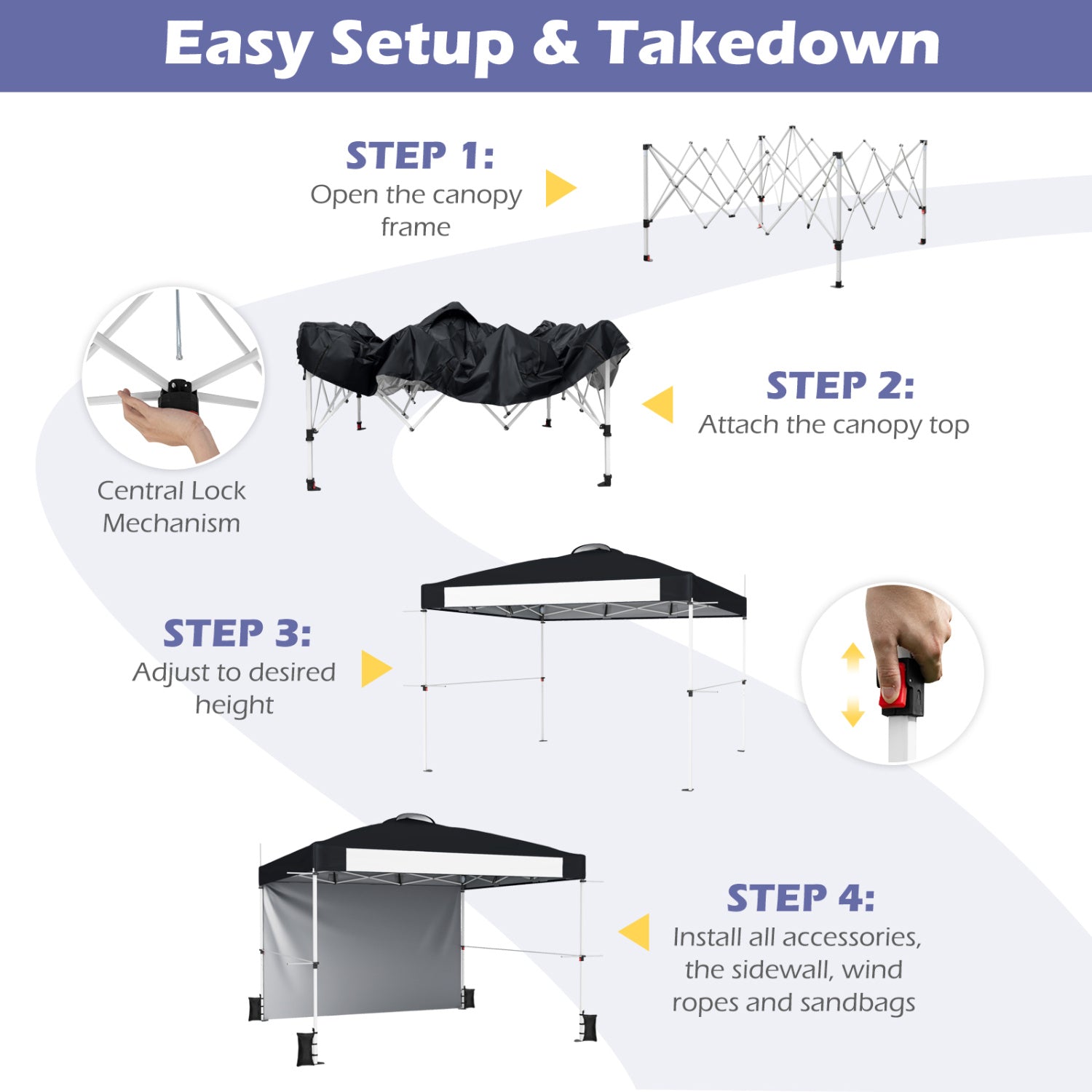 10 x 10 Feet Foldable Commercial Pop-up Canopy with Roller Bag and Banner Strip-Black