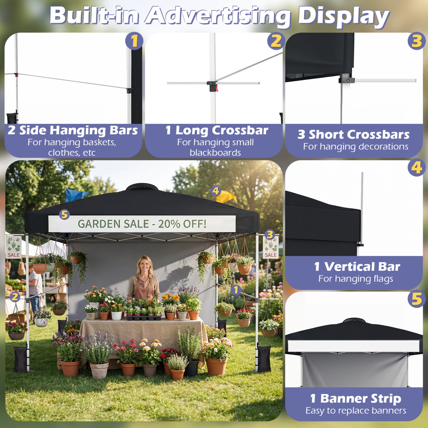 10 x 10 Feet Foldable Commercial Pop-up Canopy with Roller Bag and Banner Strip-Black