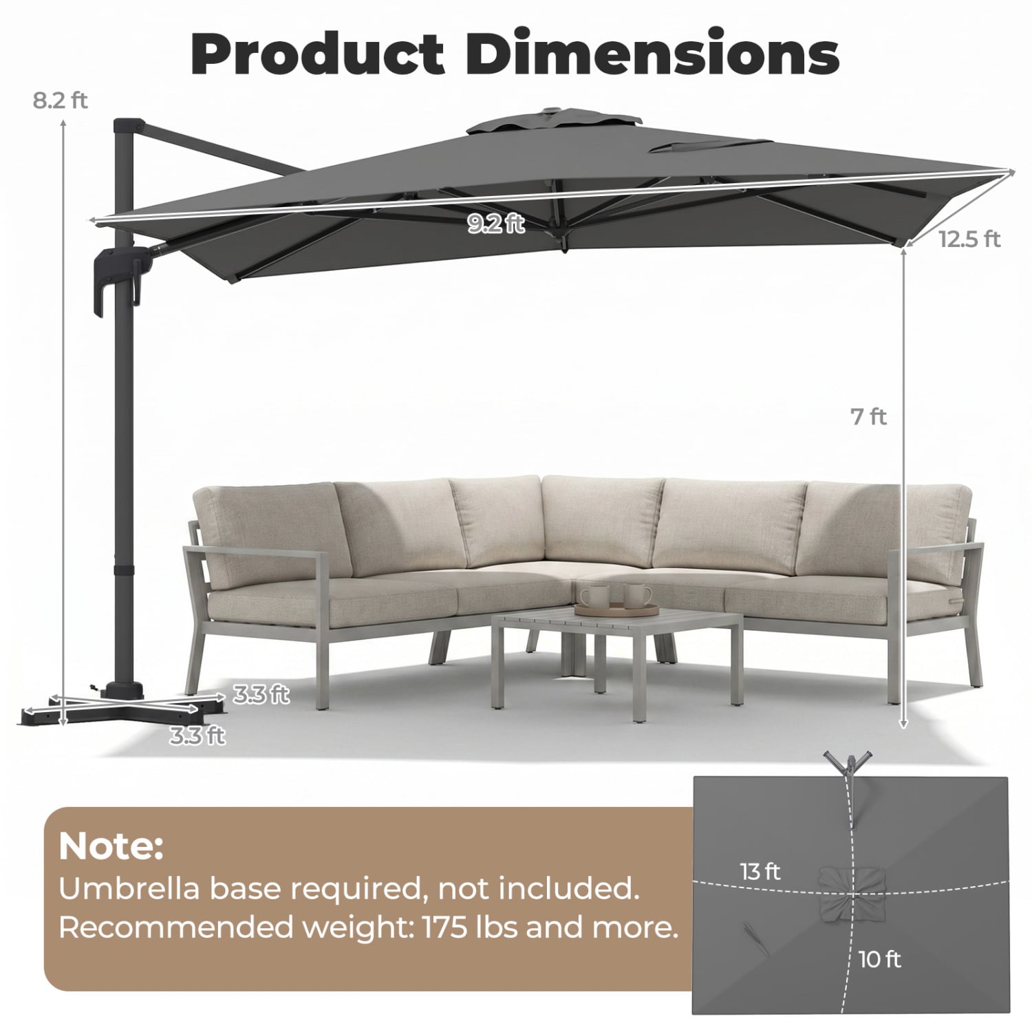 10 x 13 FT Cantilever Patio Umbrella with 360-Degree Rotation and 5 Tilt Positions-Gray