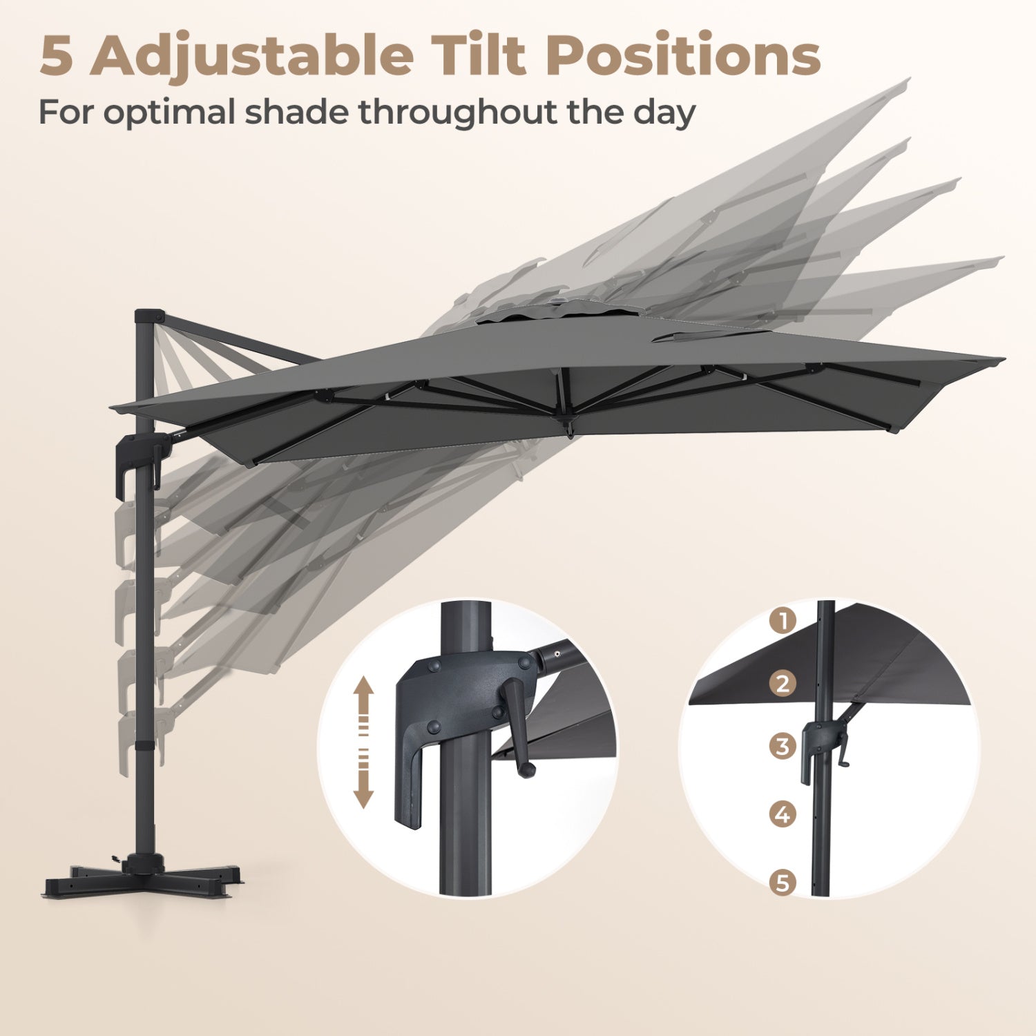 10 x 13 FT Cantilever Patio Umbrella with 360-Degree Rotation and 5 Tilt Positions-Gray