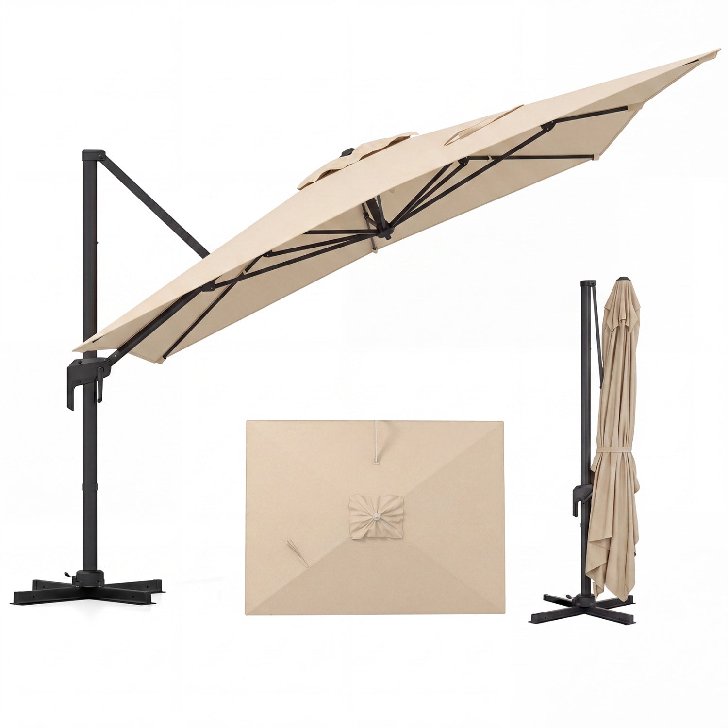 10 x 13 FT Cantilever Patio Umbrella with 360-Degree Rotation and 5 Tilt Positions-Beige