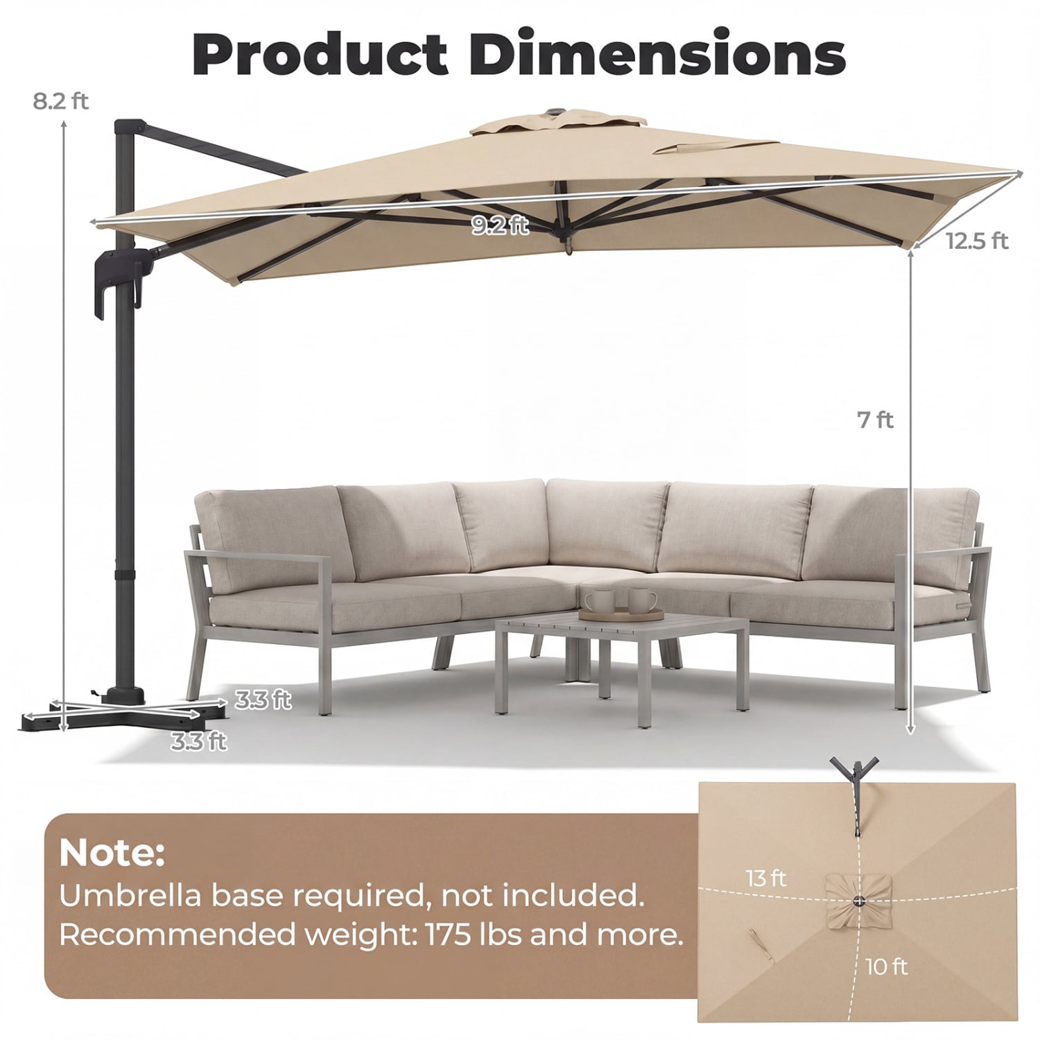 10 x 13 FT Cantilever Patio Umbrella with 360-Degree Rotation and 5 Tilt Positions-Beige