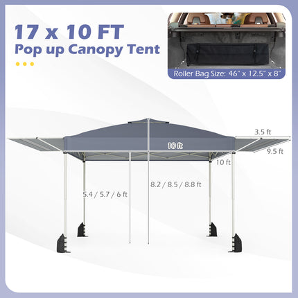 10 x 17 Feet Pop Up Canopy Tent with Dual Adjustable Awnings-Gray