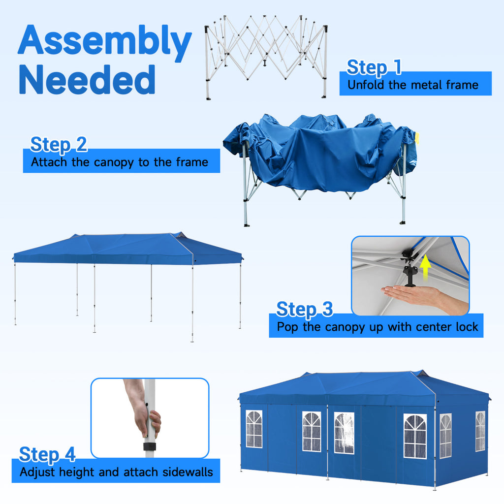 10 x 20 FT Pop Up Canopy Tent with 6 Sidewalls and Adjustable Height-Blue
