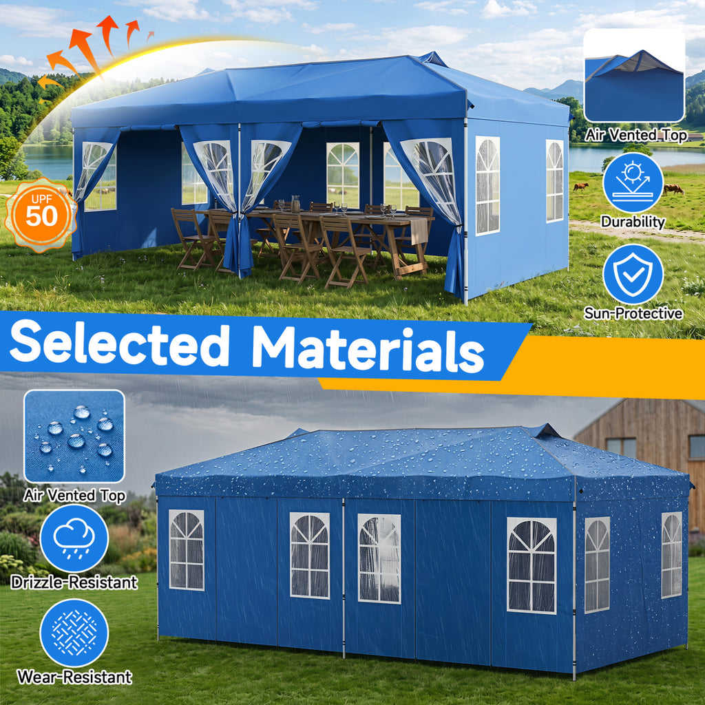 10 x 20 FT Pop Up Canopy Tent with 6 Sidewalls and Adjustable Height-Blue