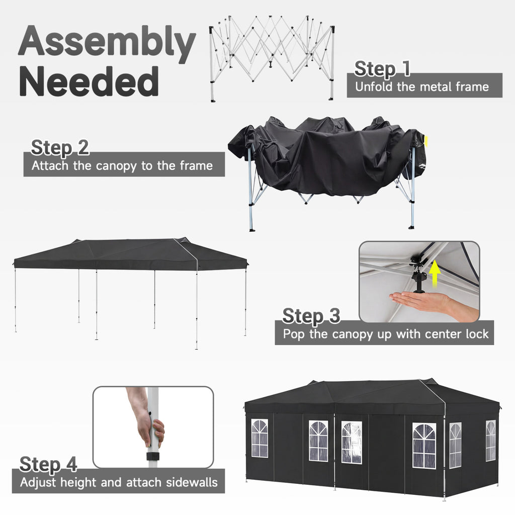 10 x 20 FT Pop Up Canopy Tent with 6 Sidewalls and Adjustable Height-Black
