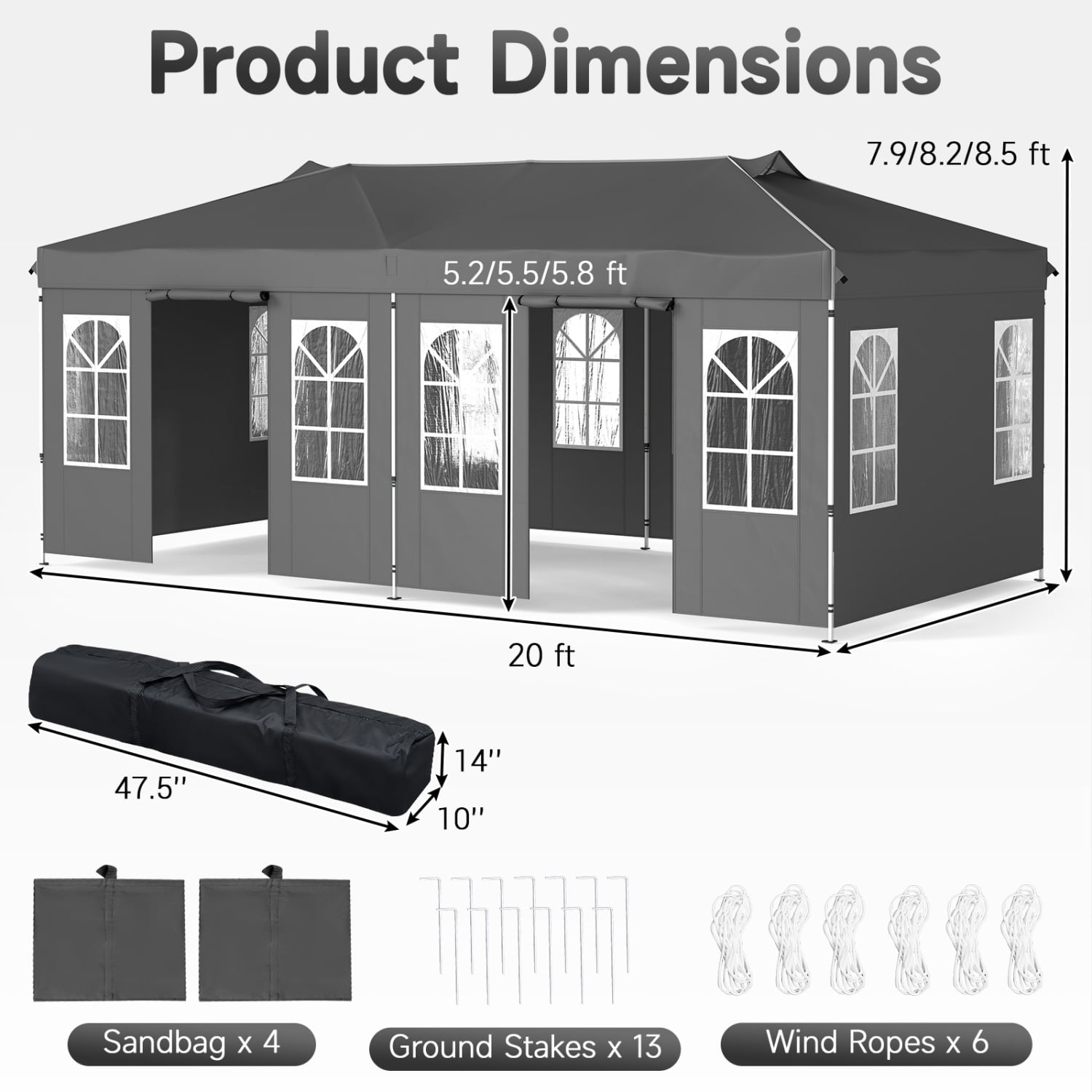 10 x 20 FT Pop Up Canopy Tent with 6 Sidewalls and Adjustable Height-Gray