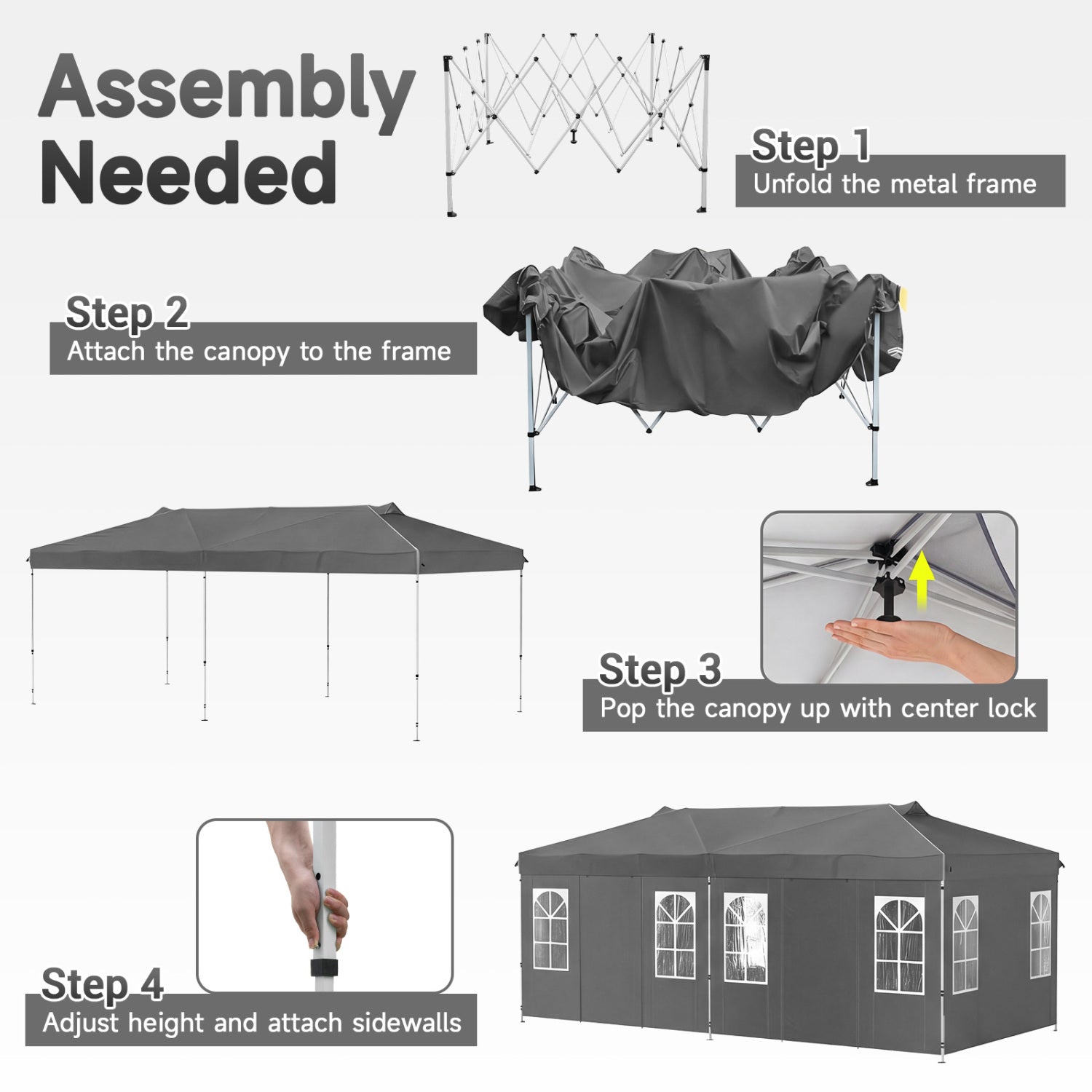 10 x 20 FT Pop Up Canopy Tent with 6 Sidewalls and Adjustable Height-Gray