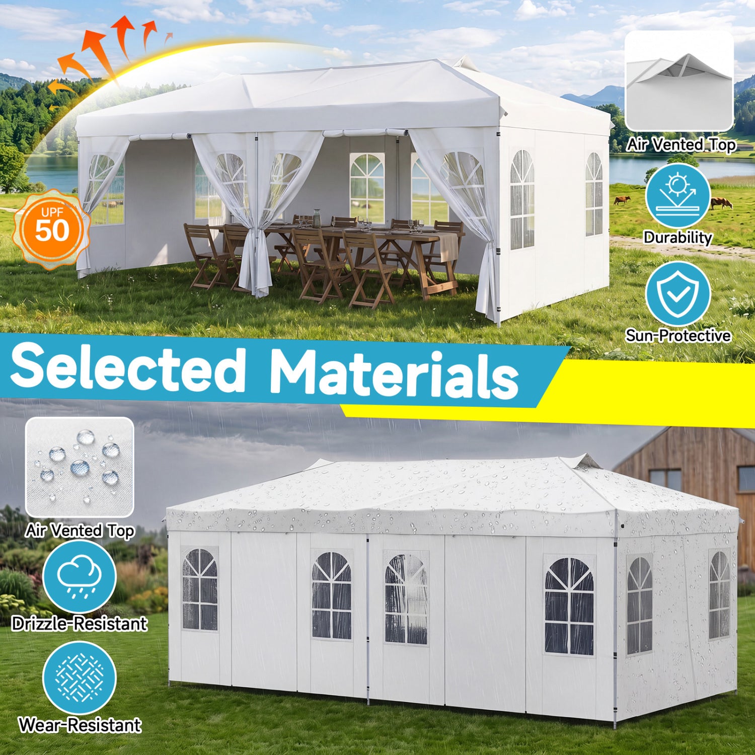 10 x 20 FT Pop Up Canopy Tent with 6 Sidewalls and Adjustable Height-White